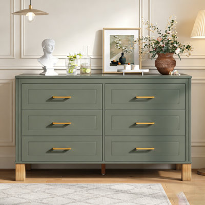 6-Drawer Double Dresser in Olive, Modern Storage Cabinet with Metal Handles & Solid Wood Legs, Heavy-Duty Wooden Organizer for Kids Bedroom