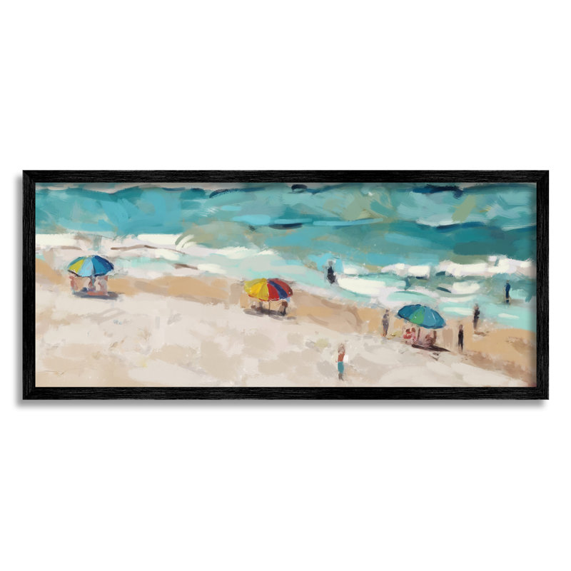 Bb-369 - Beachgoers d'été encadré sur bois par Ziwei Li, peinture, Giclée encadrée noir minuit, H 10 po x l 24 po x P 1,5 po