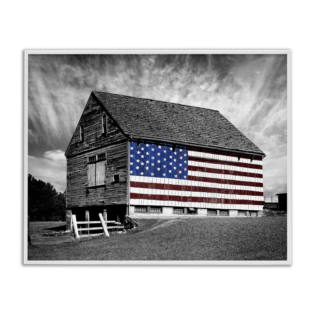 Black and White Farmhouse Barn American Flag by James McLoughlin - Graphic Art Print Millwood Pines Frame 