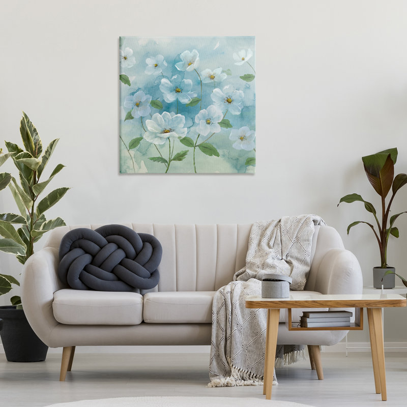 Jolies fleurs sur toile bleue par Nan, H 30 po x l 30 po