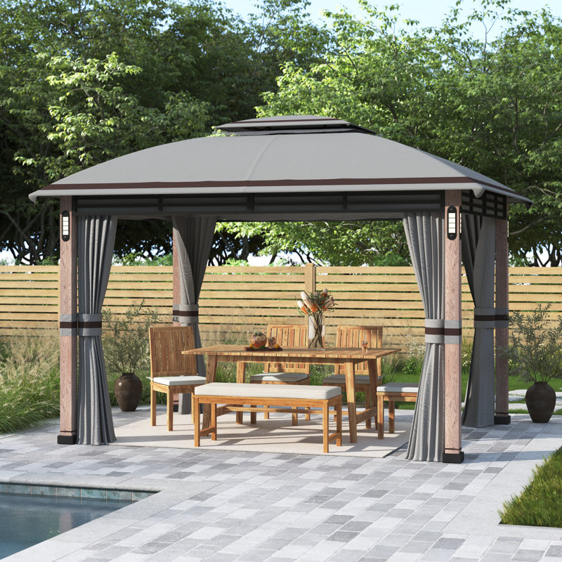Sunjoy Beretta 11' x 13' Steel Frame 2-Tier Soft Top Gazebo with LED Lighting and Bluetooth Speaker