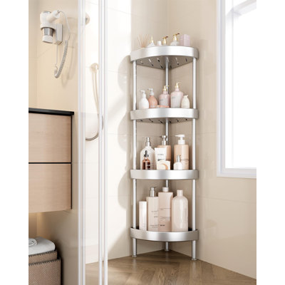Étagère de douche d'angle à 4 niveaux en aluminium anodisé, pieds réglables en hauteur pour surfaces irrégulières, (argent)