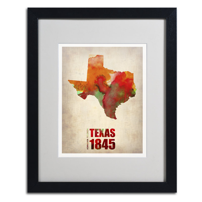« texas aquarelle map », impression encadrée, H 20 po x l 16 po x P 0,5 po, Noir
