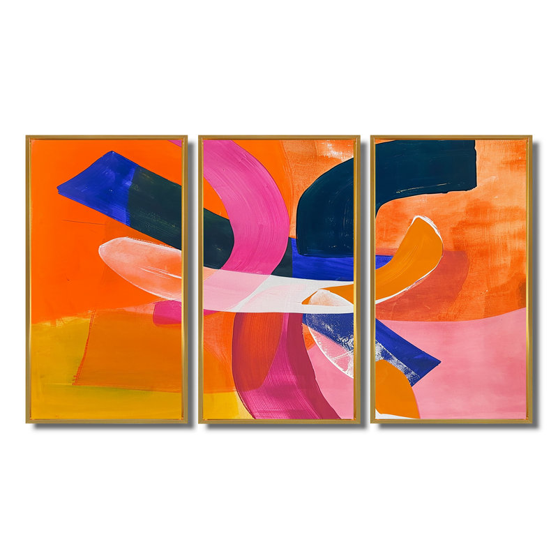 Funky fusion rétro orange bleu - ensemble d'art mural abstrait, Cadre flottant doré, H 28 po x l 36 po x P 1 po