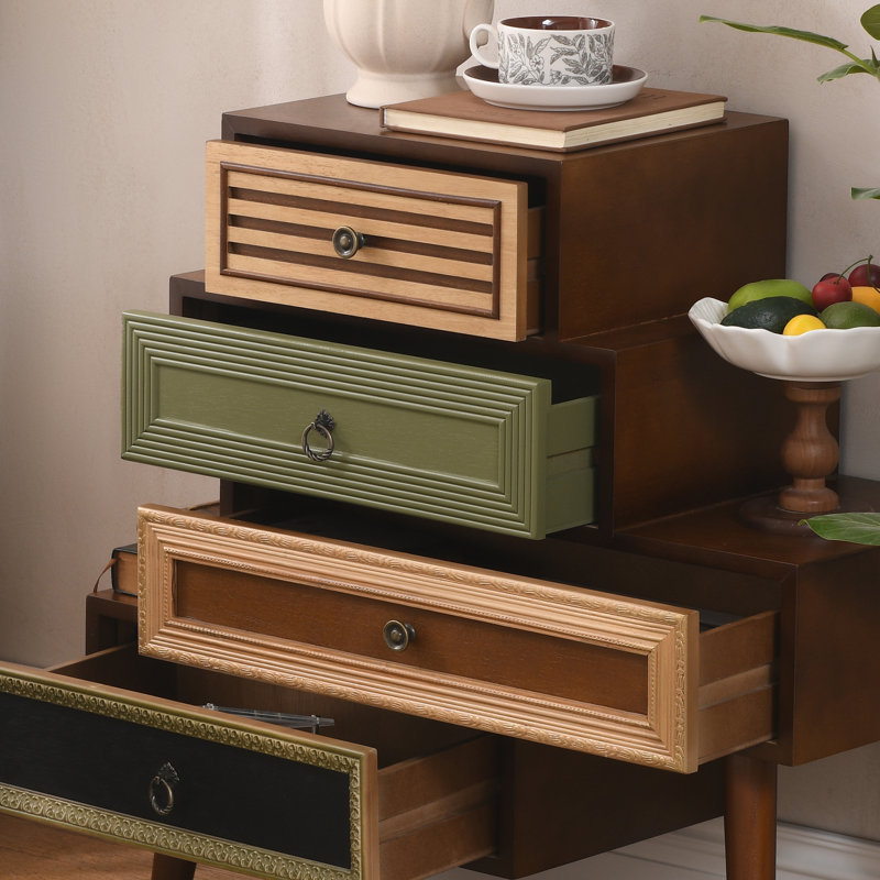 Fienley Staggered 4-Drawer Cabinet With Artistic Mixed Materials, Vintage Handles, And Compact Design