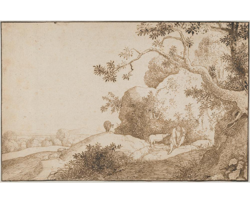 «Paysage de montagne avec une vue lointaine derrière» par Hendrikik. Vroom - Art mural sur toile tendue avec châssis