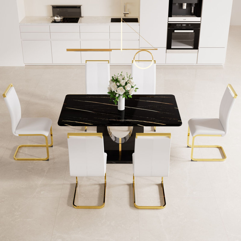 Katalya 8 - Person Pedestal Dining Set, Black, White/Gold