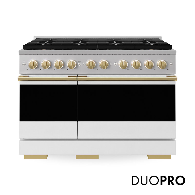Zline Autograph 48 in. Marino Gas Range with 8 Burner DuoPro Cooktop w/ Accents, White Matte, Polished Gold