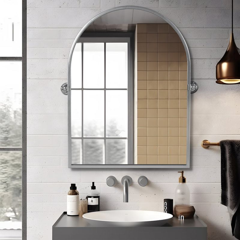 Avais Arch Metal Wall Mirror with Tilted Frame, Silver, 36" x 24"