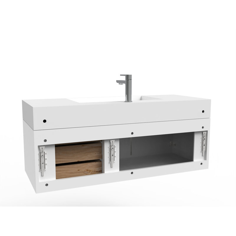 Meuble-lavabo mural simple 48 po avec comptoir à surface solide - base blanche, plateau blanc, poignées chromées, Blanc