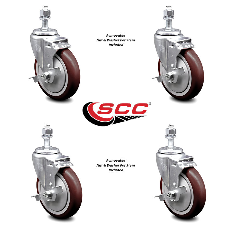 Ensemble de roulettes à tige filetée en polyuréthane pivotant 12 mm 2 freins SCC