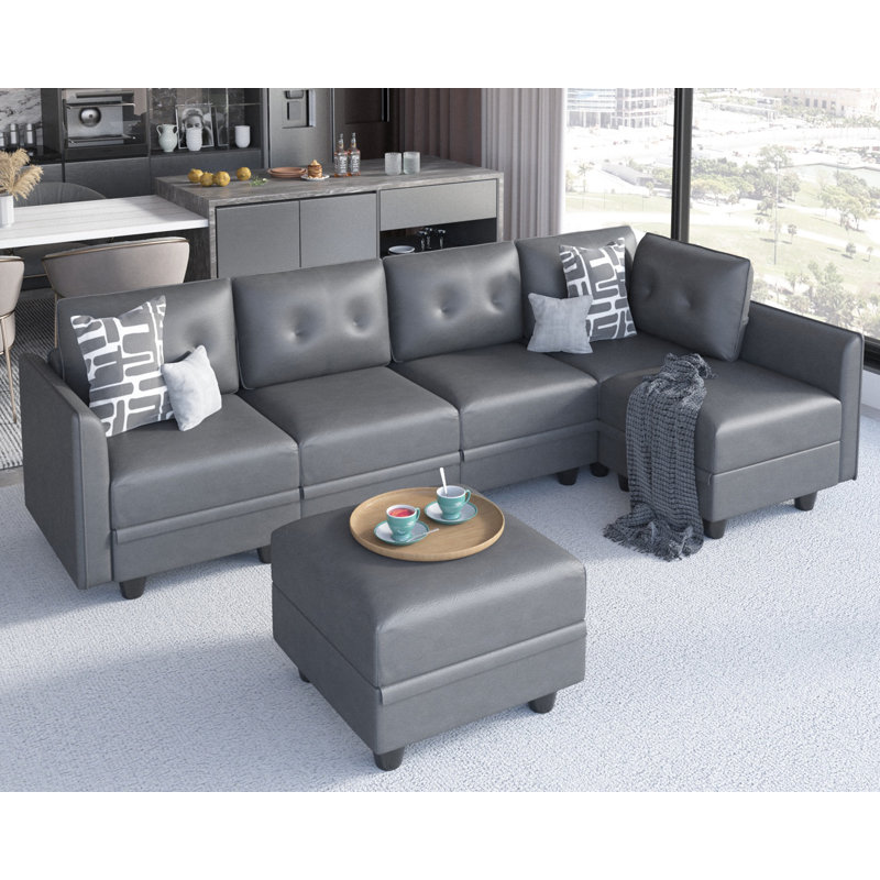 Canapé modulaire en L rembourré 6 pièces avec rangement Tomario, Polyester gris