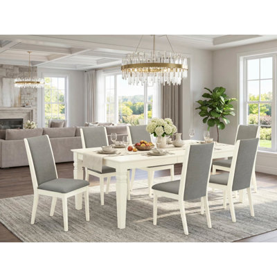 7 Piece Dinette Set Consist of a Rectangle Dining Table with Butterfly Leaf and 6 Shitake Linen Fabric Parson Dining Room Chairs, Linen White