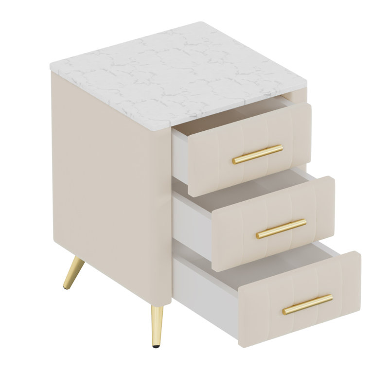 Table de chevet rembourrée en bois avec 3 tiroirs et pieds et poignées en métal, table de chevet avec plan de travail à autocollants marbrés