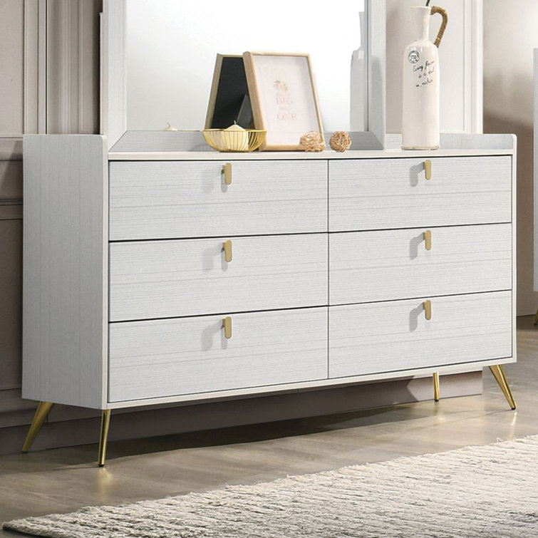 White Dresser, Dresser with 6 Drawers, Wide Chest of Drawers with Gold  Handles 