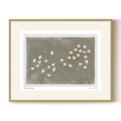 Mod-Ensemble The Sandpipers par ChiChi - reproduction d'art d'oiseaux avec bécasseaux sur fond gris et vert | H 36 po x l 48 po | Cadre doré