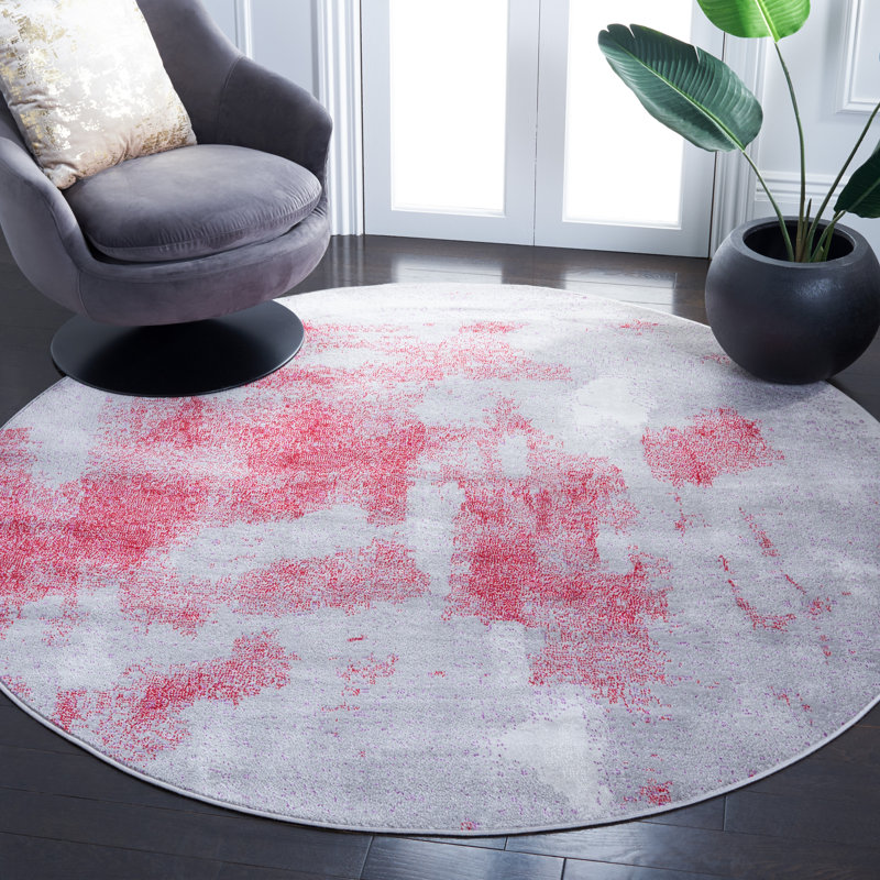 Tapis gris / rouge à motif abstrait, Rond 6 pi 7 po