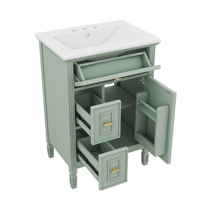 Meuble-lavabo de 24 po avec lavabo, comprenant un tiroir rabattable et deux tiroirs standard, tablette réglable, Vert