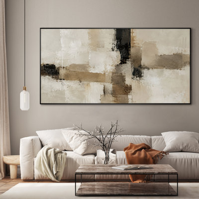 Très grand art mural imprimé sur toile - Formes horizontales abstraites beiges, décoration de salon moderne - "Assemblage requis du cadre (cadre non fini)"