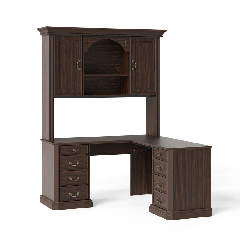 Bureau de coin en L de 210 cm de haut avec tablette, 8 tiroirs et placards, brun, Brun