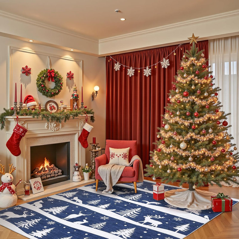 Christmas Rugs with Xmas Tree Reindeer Snowflake for Holiday Decor, Non Slip Low Pile Washable Rug for Kitchen, Entryway, Living Room, Bedroom