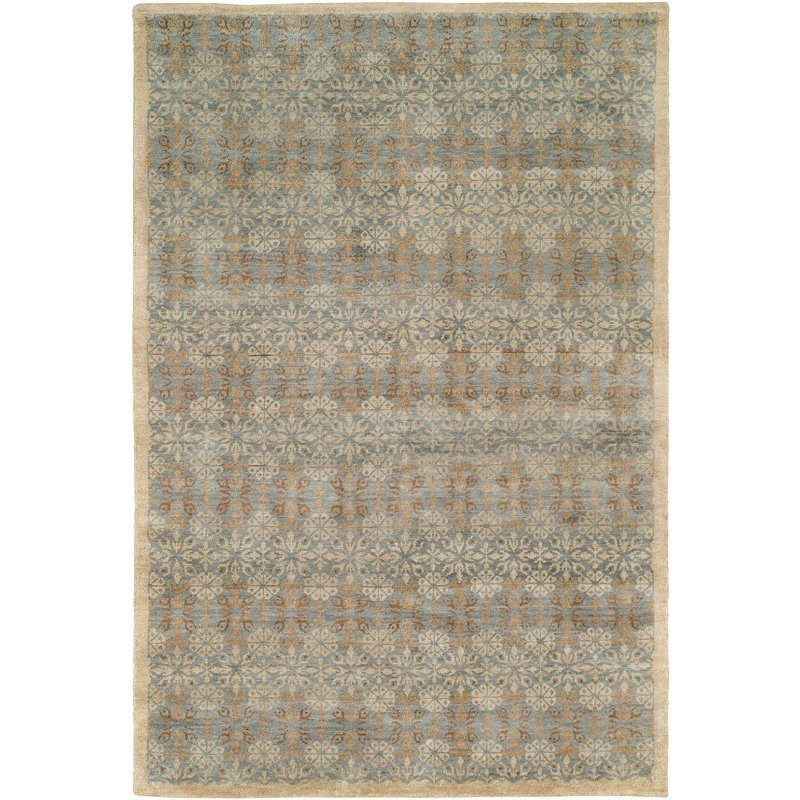 Tapis bleu / gris en laine noué à la main Otterson, Rectangle 6 pi x 9 pi