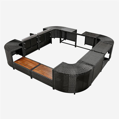 Ensemble de canapés modulaires en rotin pour l'extérieur avec cadre mini spa, sièges en bois et espaces de rangement, gris