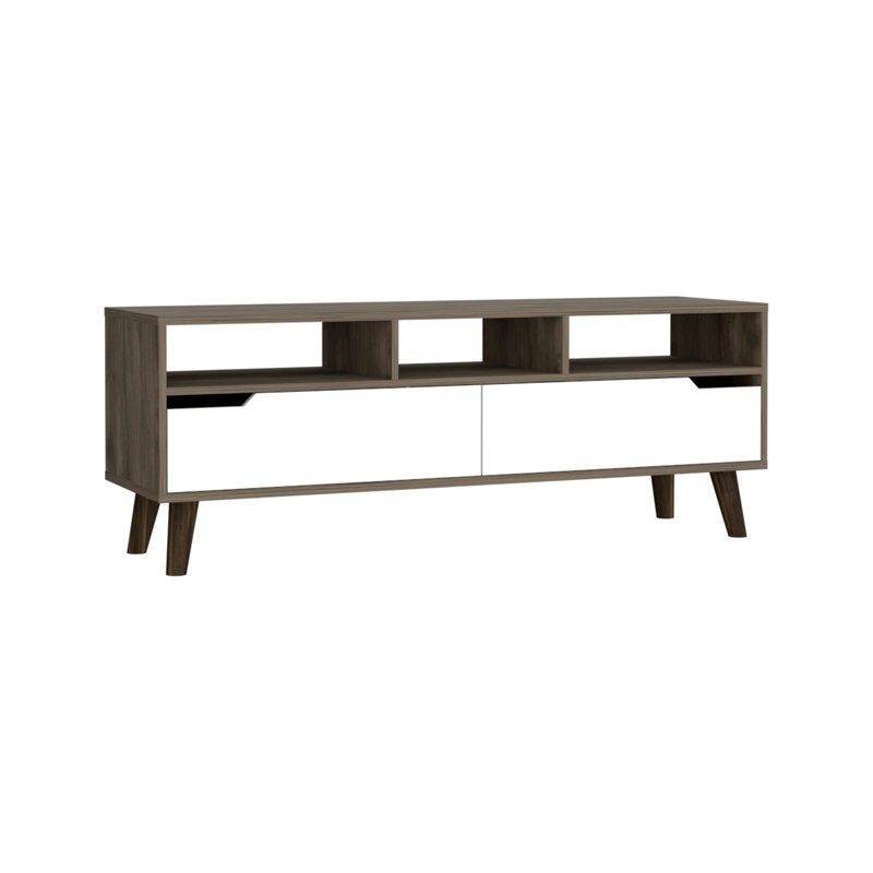 Tv Stand for TV´s up 52", Three Open Shelves, Two Flexible Drawers, Dark Walnut / White