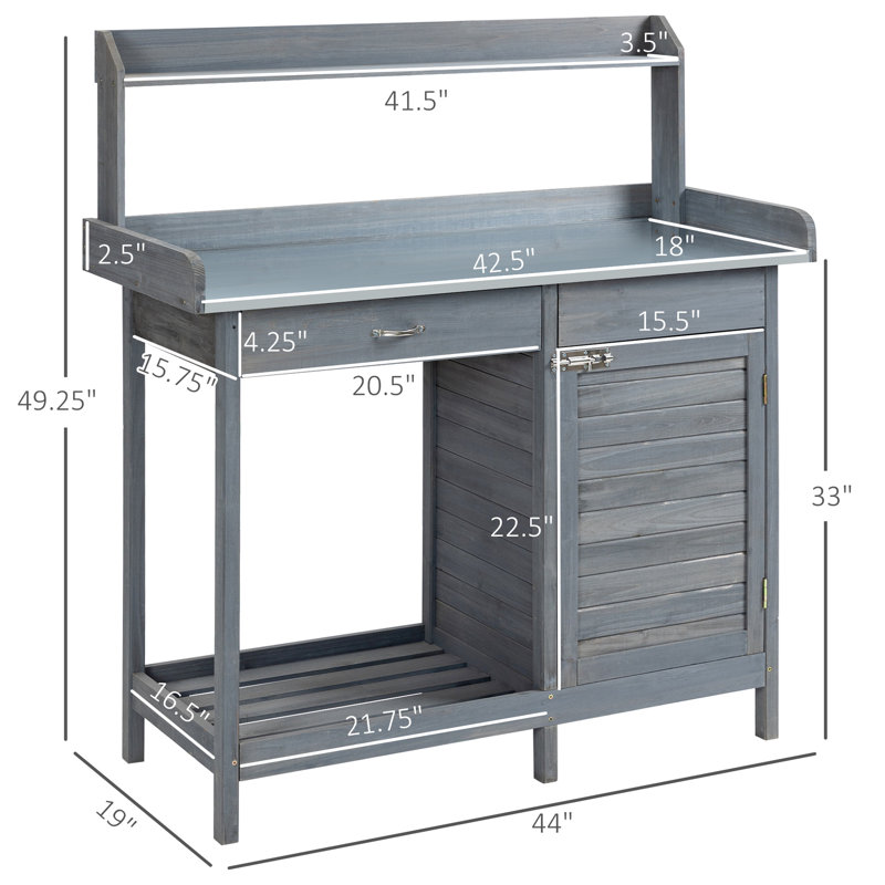 Poste de travail de jardin, banc de rempotage extérieur avec boîte inférieure, tablette grise, plateau de table en acier