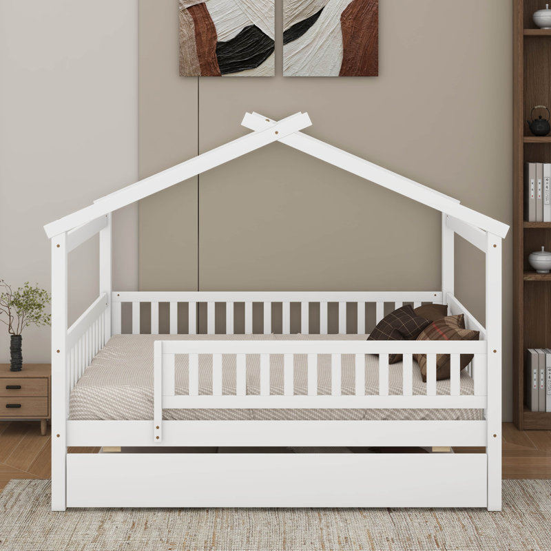 Lit double en bois avec lit gigogne, Lit double, Blanc
