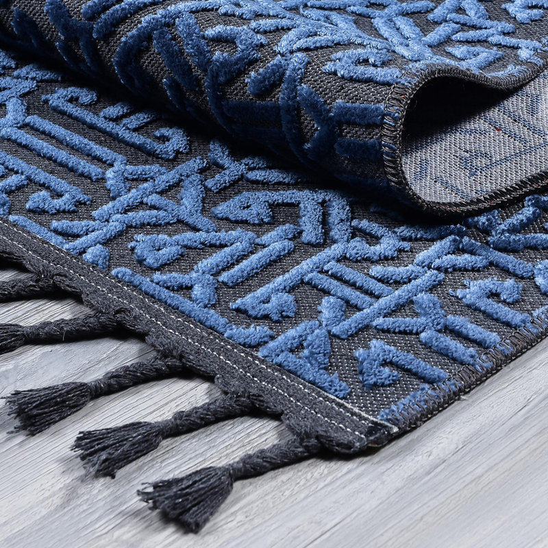 Marqué avec Tapis en mélange de coton tissé à la machine Southwestern - Bleu / gris, Tapis de couloir 3 pi 3 po x 13 pi 1 po
