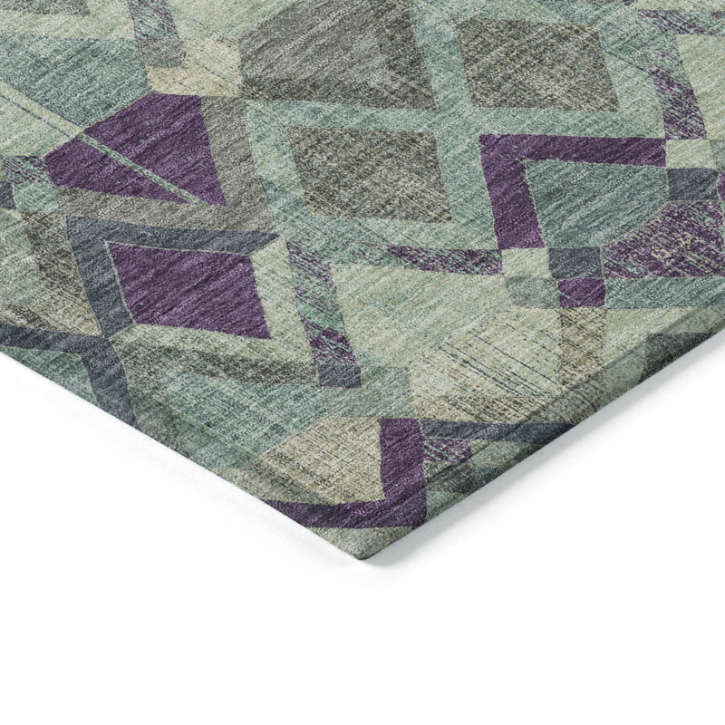 Tapis d'intérieur rond lavable géométrique bleu et mauve 8 pi