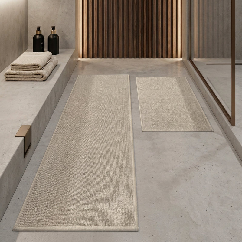 2 Piece Textured Linen-Look Bath Rug Set with Non-Slip Backing, Beige