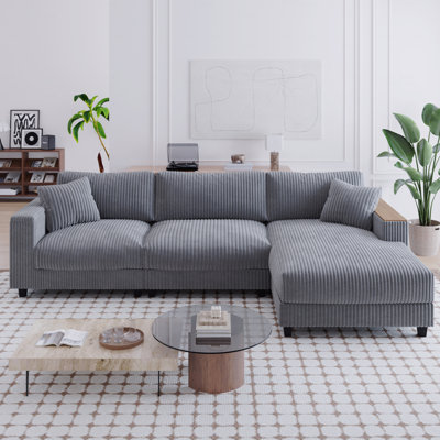 Basic Sectional Sofa, 114.5''Corduroy Couch With 2 Throw Pillows Oversized Sofa L-Shaped  Sofa With Reversible Chaise With Two Armrests Hidden Storage Space  Sofaes