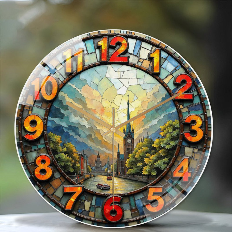 Horloge murale vitrail avec art de paysage urbain 12 po