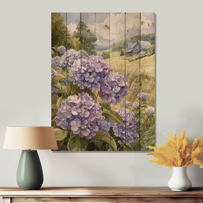 Field Of Hydrangeas In The Farm Meadow - Hydrangea Wood Print - On Natural Pine Wood
