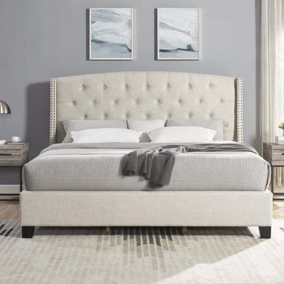 Button Tufted Wingback Upholstered Bed with Nail Head Trim
