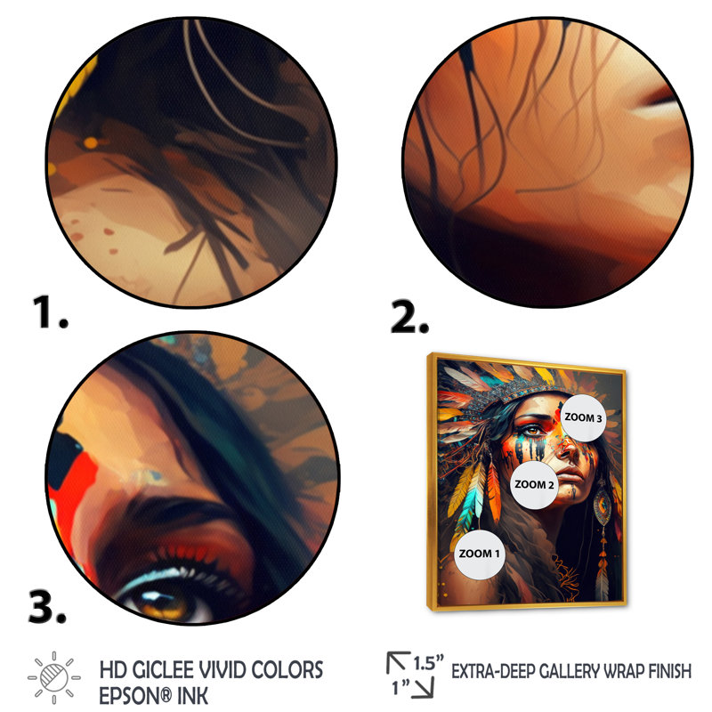 «Colorful Native American Woman I», impression sur toile, H 32 po x l 24 po x P 1 po, Toile avec cadre flottant or