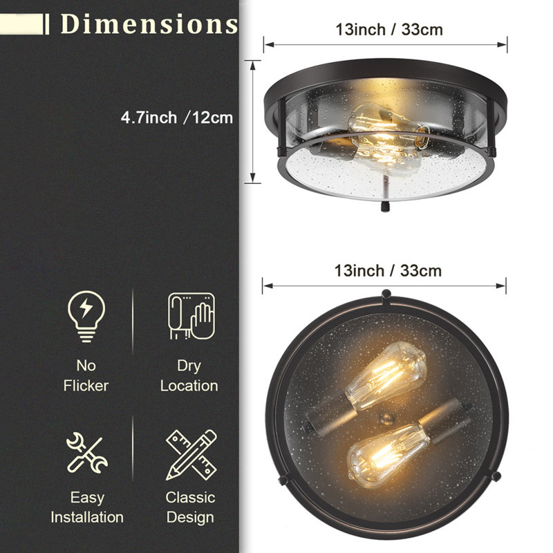 2-E26 Light Classic Vintage Dimmable Flush Mount Light Fixture, Black, Clear