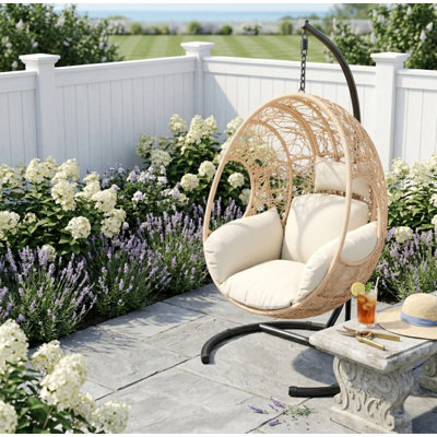 Fauteuil à œufs suspendu 42 "extra large avec base en U, balançoire de patio en rotin PE d'une capacité de 400 lb avec coussin de 8 pouces, chaise imperméable avec housse imperméable pour jardin extérieur et balcon