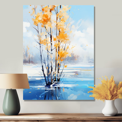Bouleau blanc, feuilles jaunes et hiver, lac bleu - arbre, décoration murale