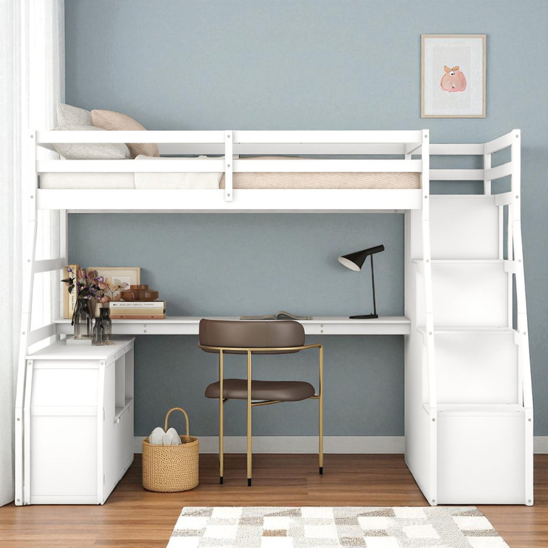 Heiki Storage Loft Bed with Desk and Stairs, White, Twin