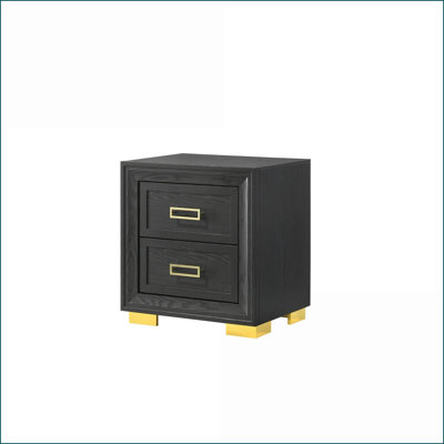 Table de chevet 2 tiroirs Modern Glam avec finition or noir et quincaillerie dorée