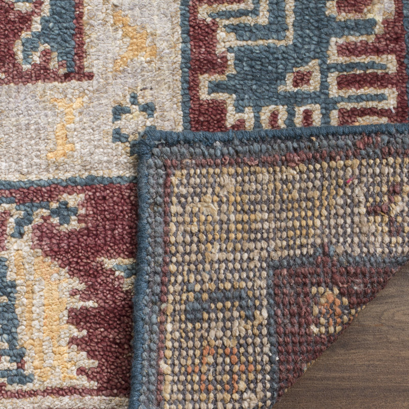 Tapis bleu / rouge en soie / coton noué à la main Hacienda, Rectangle 5 pi x 8 pi