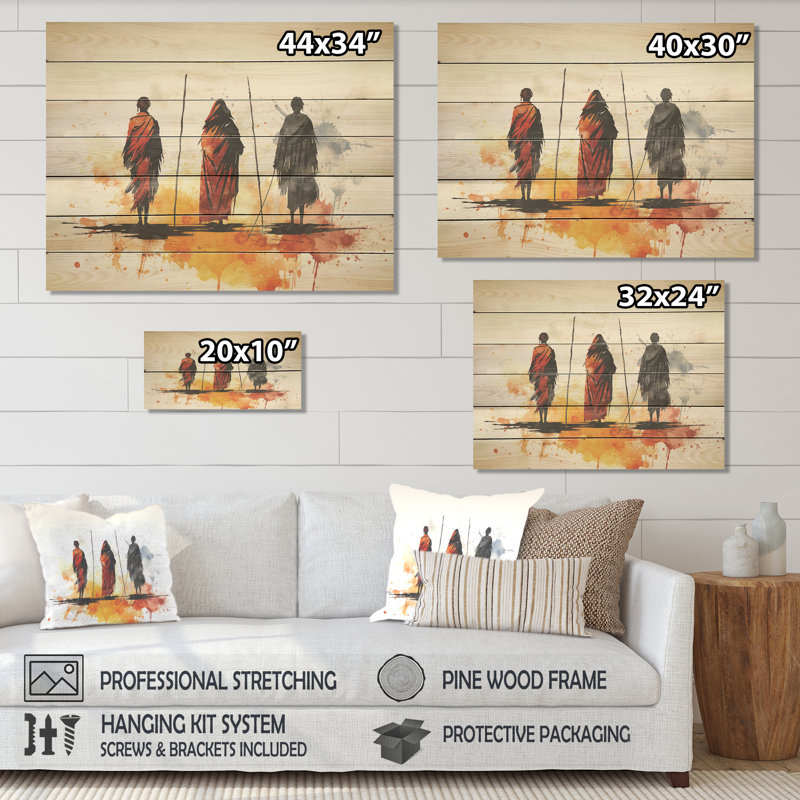 «Orange African Somali Nomadic Tales I» - Tribal africain sur bois, H 34 po x l 44 po x P 0,78 po