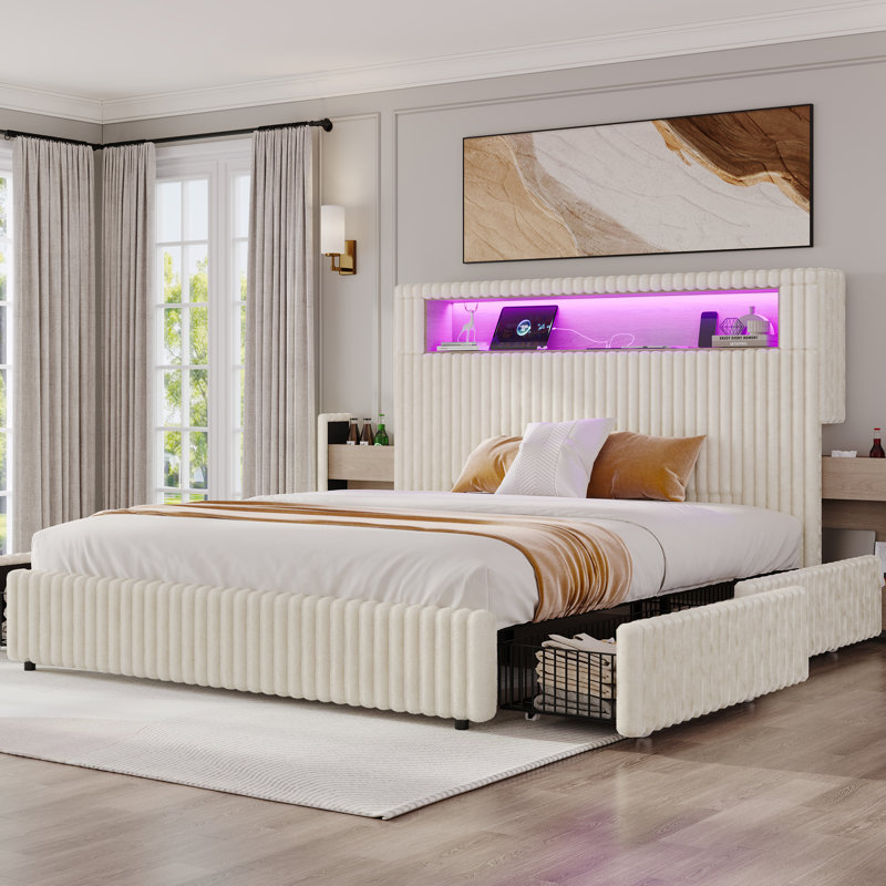 Smart Upholstered Bed Frame, Cream, Queen