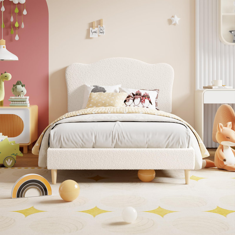Twin-XL Size Bed Frame Soft Low Profile Sturdy Platform with Upholstered Headboard,  Wooden Slats, Noise Free, No Box Spring Needed, Beige