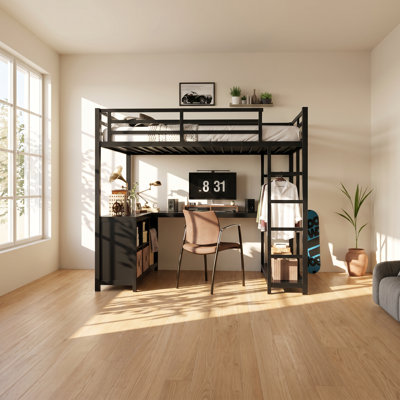 Lit mezzanine simple en métal avec garde-robe et bureau en forme de L 42,5 "x P 81,8" x H 68,5 "Bonwell