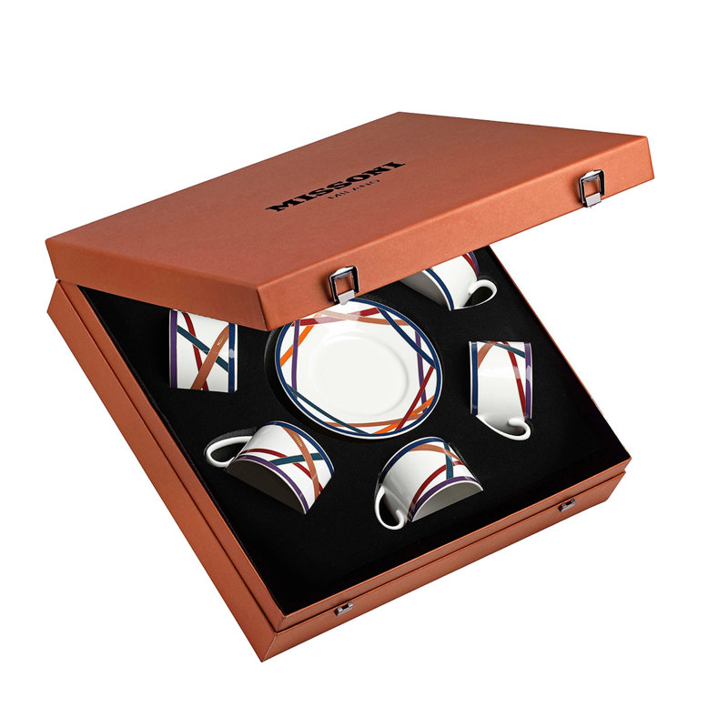 Missoni Tea Cup & Saucer NASTRI Set of 6 in Luxury Box diam. 3.3in, H 2.3in, cap. 7.5 oz, Saucer dim. 6in