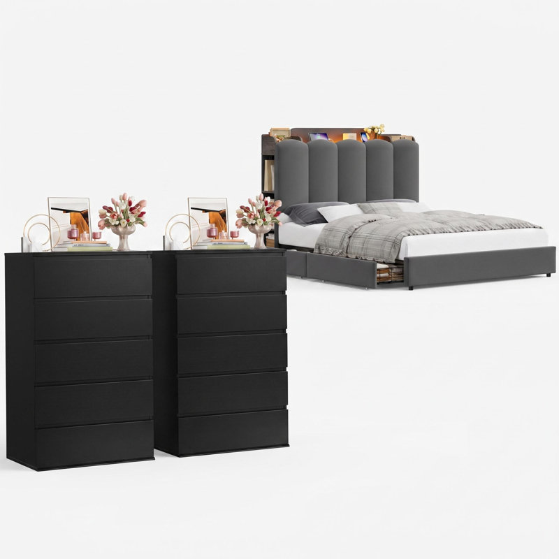 Ensemble de chambre à coucher 3 pièces comprenant un lit à DEL, 2 tiroirs sous le lit et une commode à 5 tiroirs (2 pièces).